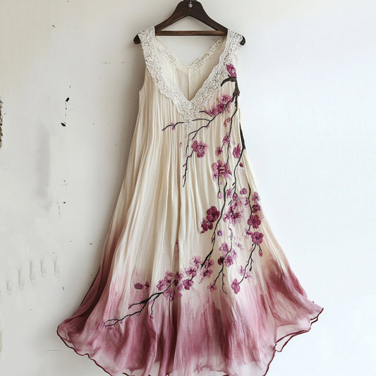 Comstylish Vintage Cherry Blossom Floral Lace Gradient Art Comfy Tank Dress
