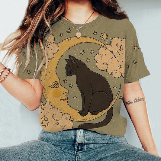 Comstylish Vintage New Moon Black Cat Clouds Stars Art Print Ombre Japanese Art Round Neck Short Sleeve T-Shirt