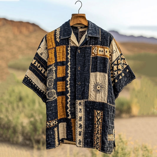 Men's Retro Patchwork Contrast Color Linen Shirt artswardrobe