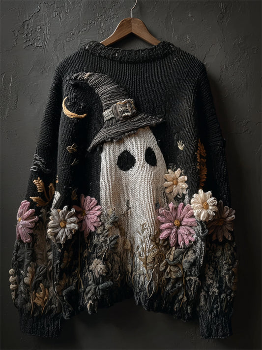 Comstylish Halloween Lovely Witch Hat Ghost Floral Cozy Knit Sweater