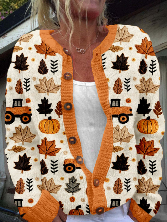 Fall Tractor & Pumpkins Embroidery Cozy Knit Cardigan artswardrobe