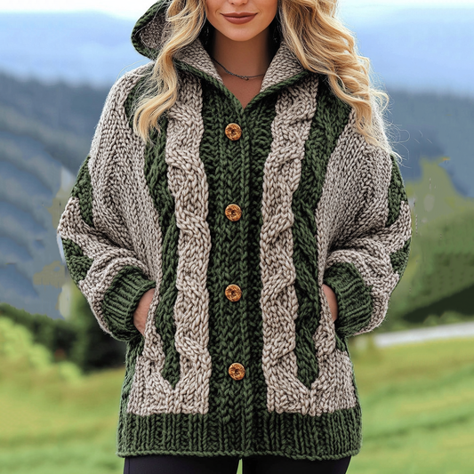 Women's Irish Jacquard Contrast Color Cozy Knit Sweater Hooded Cardigan elevenforest