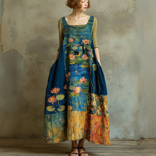 Women's Vintage Oil Painting Water Lily And Black Cat Art Print Sleeveless Midi Dress elevenforest