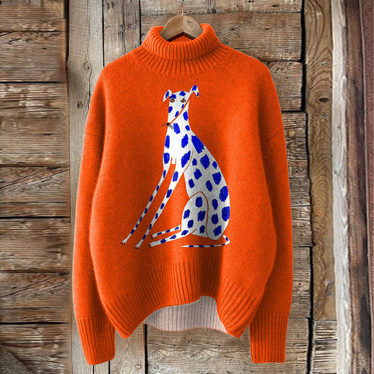 Comstylish Dog Art Print Turtleneck Knitted Pullover Sweater