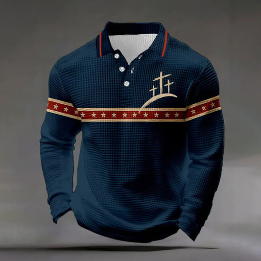 Comstylish Men's Retro Letter Design Waffle Fabric Long Sleeve Polo Shirt