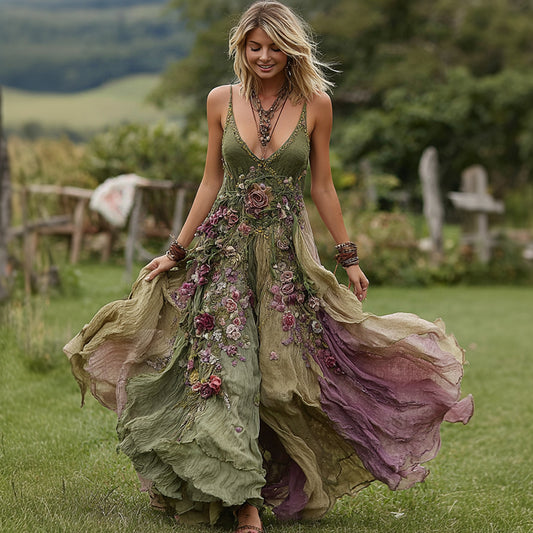 Vintage Floral Embroidery Linen Maxi Dress