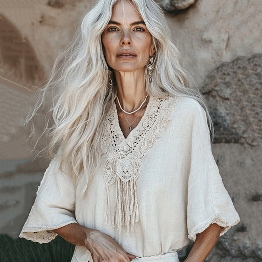 Vintage Floral Fringe Art Cotton Linen Casual Shirt artswardrobe