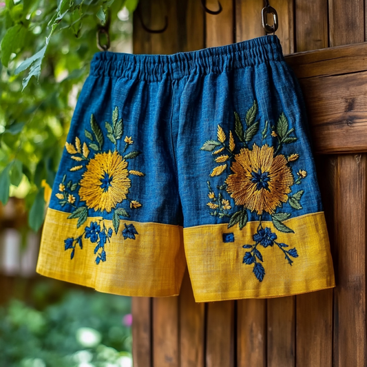 Vintage Sunflower Floral Embroidery Casual Linen Shorts artswardrobe