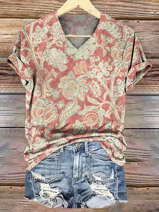 Women's Vintage Folk Floral Pattern Print V-Neck Comfortable Cotton T-