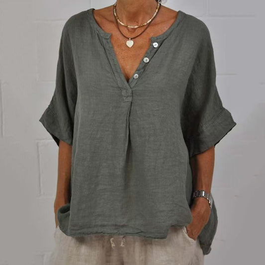 Comstylish Women's Solid Color Button Linen V-neck Shirt