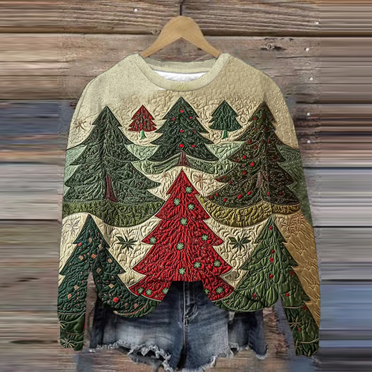 Comstylish Women's Christmas Tree Art Print Crew Neck Casual Sweatshirt