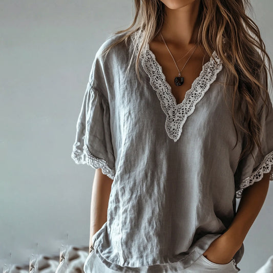 Comstylish Vintage Lace Art Cotton Linen Comfy Short Sleeve Shirt