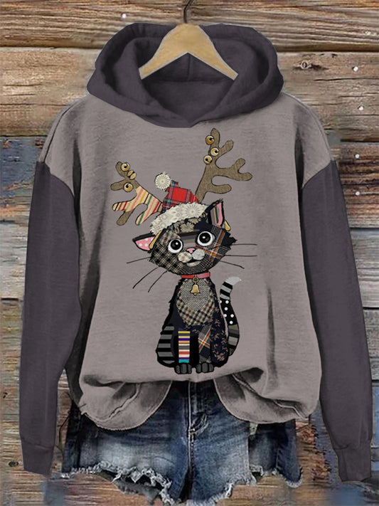Christmas Cat Print Hooded Sweatshirt elevenforest