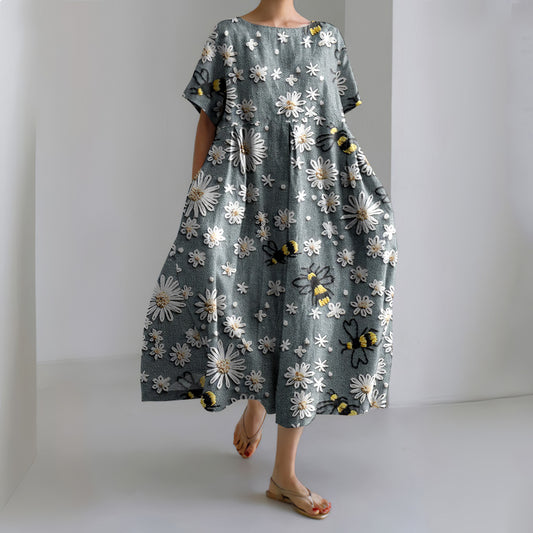 Daisy Bee Print Round Neck Short Sleeve Midi Dress artswardrobe