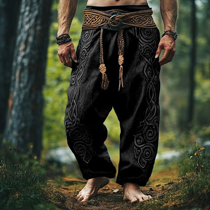 Tribal Viking Celtic Embroidery Art Linen Long Loose Wide-leg Pants artswardrobe