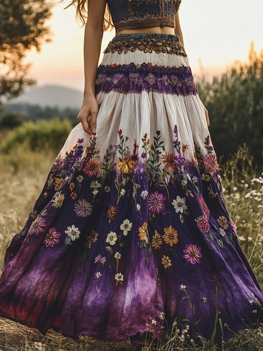 Women's Boho Floral Embroidery Purple Gradient Cotton Flowing Half Elastic Skirt artswardrobe