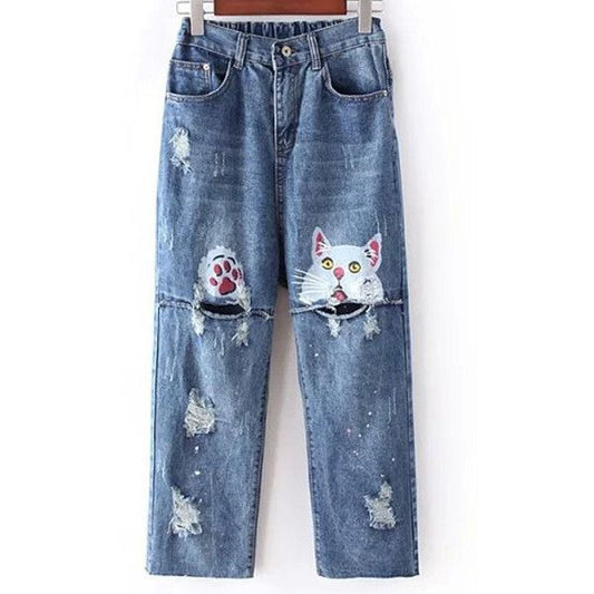 Retro Cute Cat Abstract Art Design Jeans elevenforest