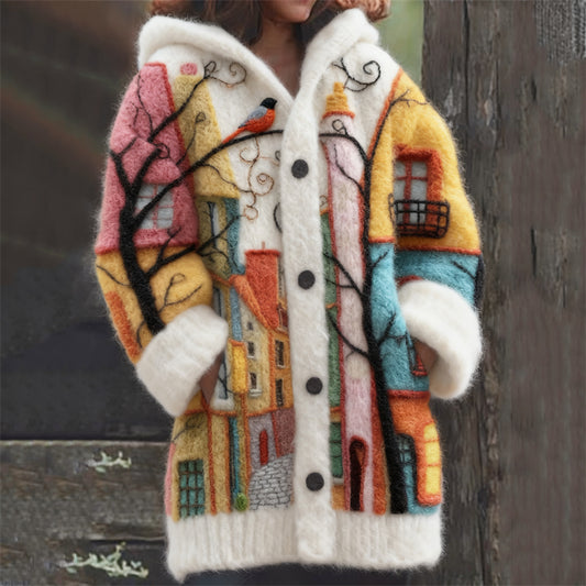 Comstylish Colorful Street Scenery Felt Art Cozy Hooded Cardigan