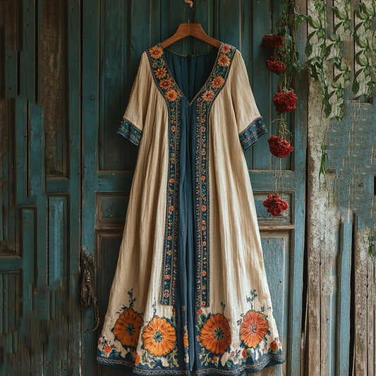 Women's Retro Floral Contrast Color Short Sleeve Maxi Dress artswardrobe