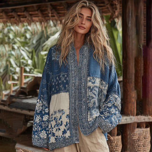 Comstylish Retro Bohemian Floral With Japanese Traditional Sashiko Art Embroidery Print Cotton And Linen Blend Kimono Cardigan