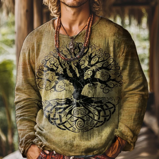 Men's Tree Of Life Gradient Art Painting Round Neck Long Sleeve Linen T-shirt artswardrobe