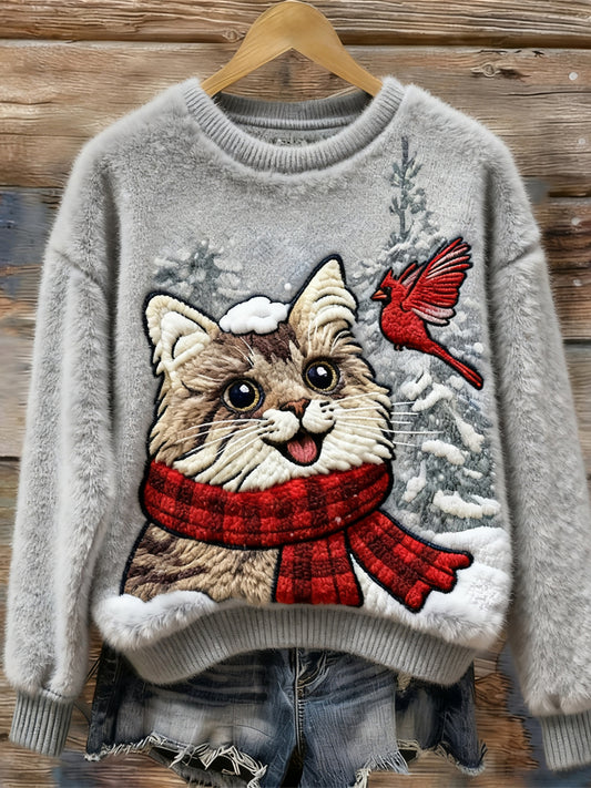 Christmas Cat & Bird Embroidered Women's Plush Sweater