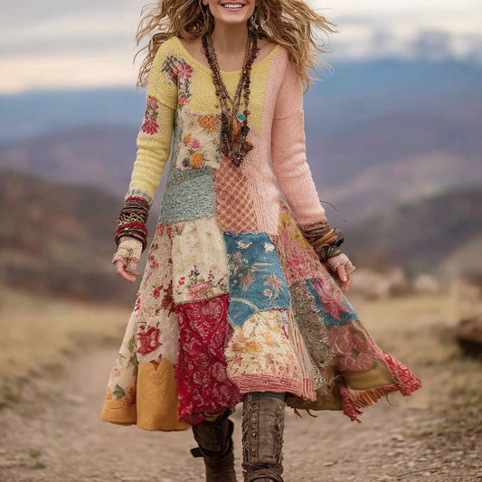 Women's Bohemian Floral Knitted Crew Neck Dress artswardrobe
