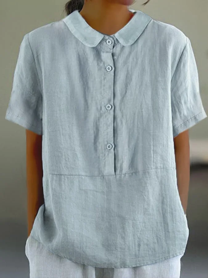 KS | Santorini - Women's plain-colored casual shirt with a round neckline and buttons.