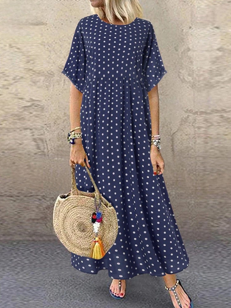 KS | Polka Dot Ladies Midi Dress Bohemian Vacation Short Sleeve O-Neck Long Robe Vintage Loose Casual A-line Vestidos Summer