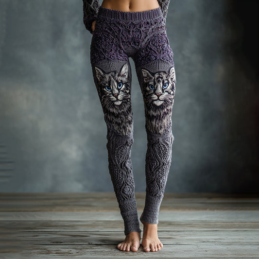Women's Cute Cat Face Embroidered Art Cozy Knit Leggings