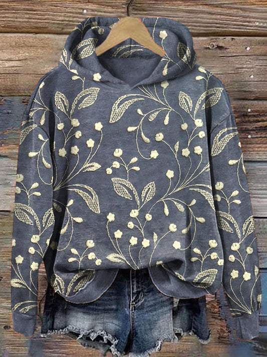 Comstylish Vintage Lace Floral Embroidery Pattern Cozy Hoodie