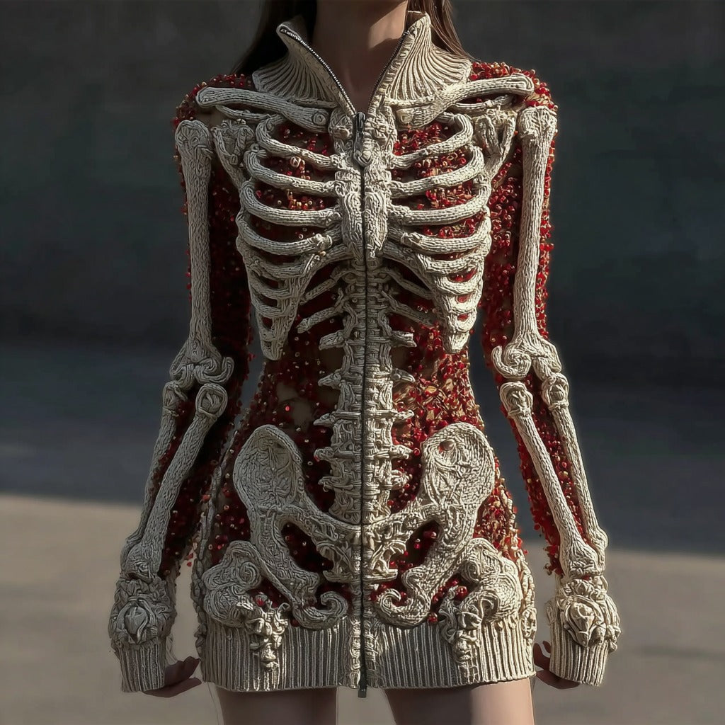 Comstylish Women's Vintage Skull Sequin Art Cozy Zipper Sweater Cardigan
