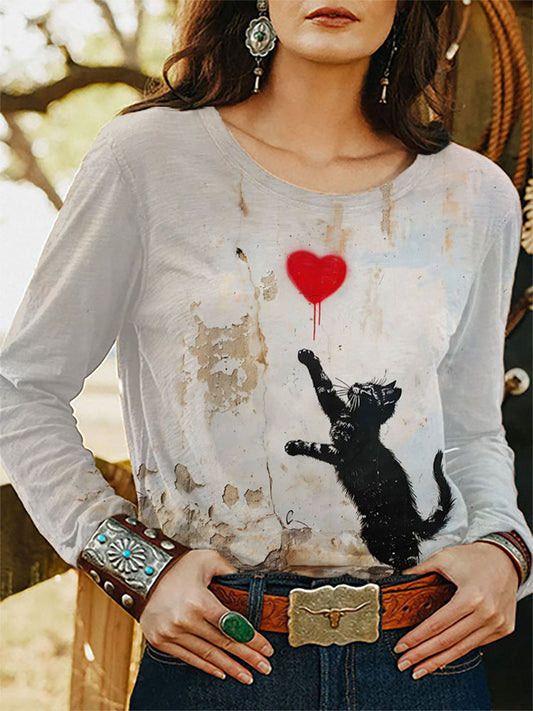 Women's Casual Japanese Art Funny Black Cat Print Sweatshirt elevenforest