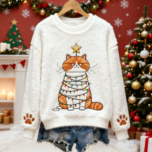 Comstylish Cute Fairy Light Cat And Star Pattern Warm Crew Neck Sweater