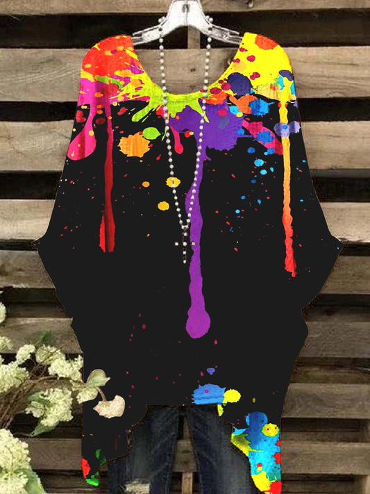 Women's Colorful Ink Pattern Round Neck Top