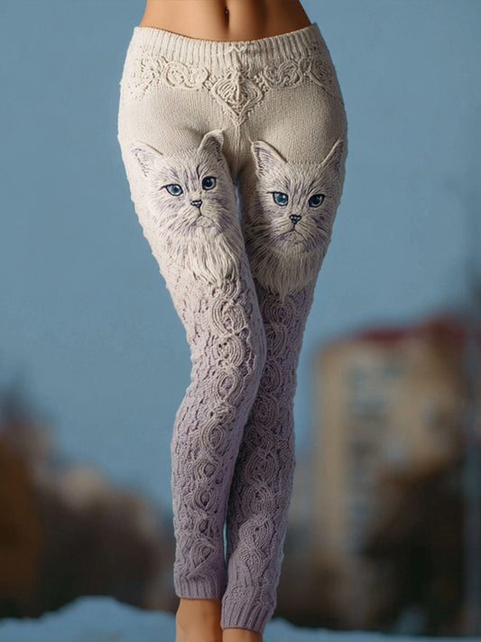 Comstylish Cute Cat Face Jacquard Gradient Cozy Knit Leggings