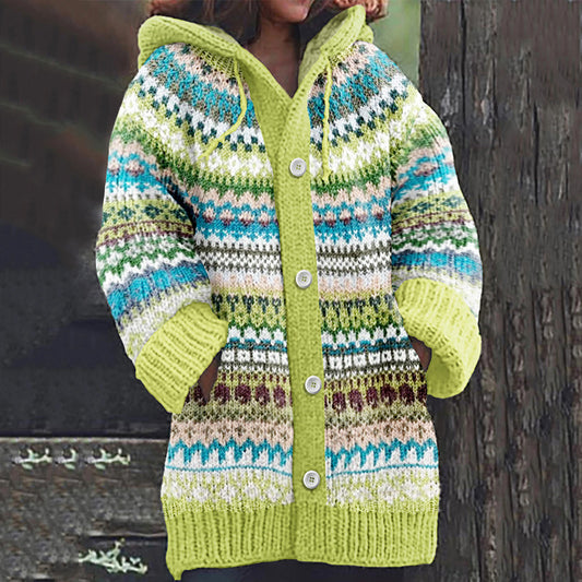 Retro Stripe Inspiration Icelandic Cozy Hooded Knitted Cardigan elevenforest