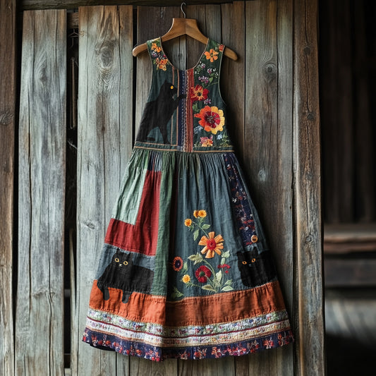 Comstylish Vintage Black Cat Floral Linen Tank Dress