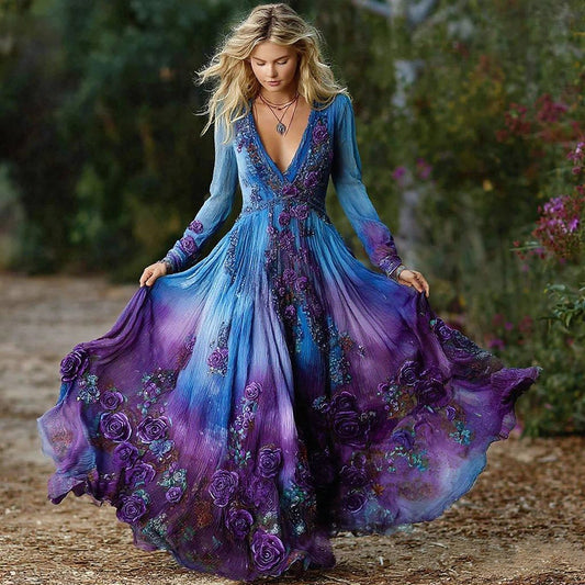 Women's Vintage Purple Rose Art Pattern Gradient Long Sleeve Dress artswardrobe