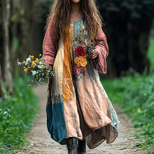 Comstylish Women's Vintage Bohemian Floral Patch V-neck Cotton And Linen Dress