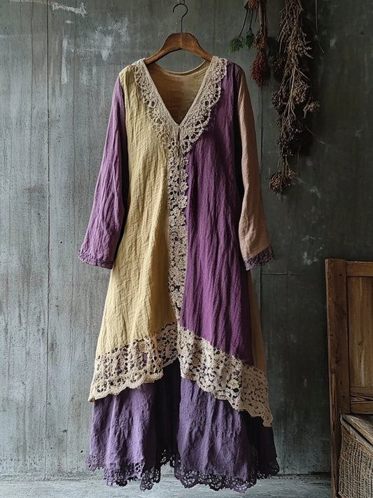 Vintage Lace Linen Patchwork Women's Long Dress artswardrobe