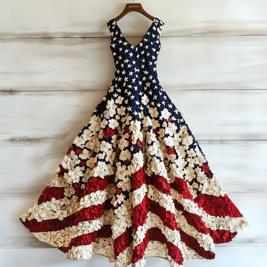 Women's Vintage Independence Day Flag Flowers Art Linen Midi Dress artswardrobe