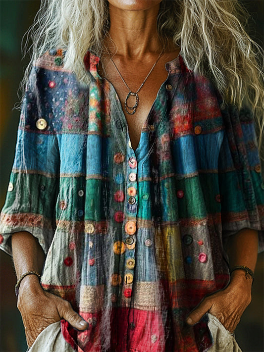 Women's Vintage Colorful Patchwork Pattern Art Print Casual Cotton Lin
