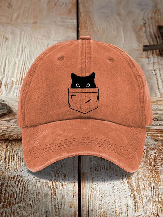 Japanese Art Black Cat Print Washed Hat elevenforest