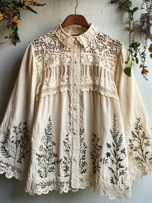 Vintage Floral Embroidered Linen Blend Lace Blouse artswardrobe