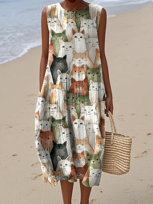 Women's Vintage Cat Art Linen Tank Dress artswardrobe