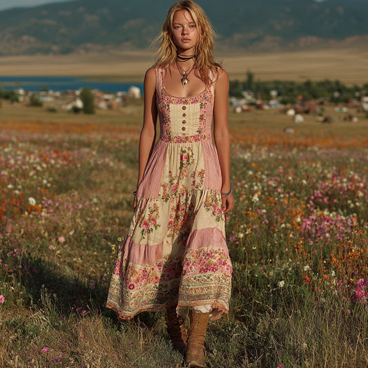 Vintage Pink Floral Patchwork Linen Tank Midi Dress artswardrobe