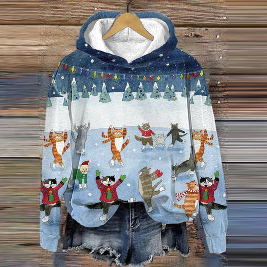 Christmas Cat Print Long Sleeve Hoodie elevenforest