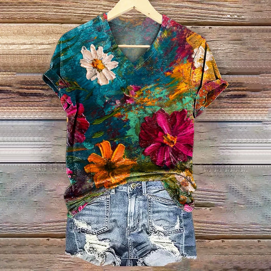 Women's Vintage Oil Painting Floral Art Pattern Print V-neck Casual T-