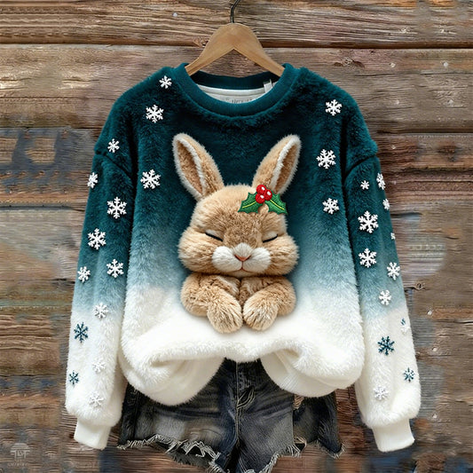 Women's Christmas Bunny Embroidery Round Neck Cozy Plush Sweatshirt artswardrobe